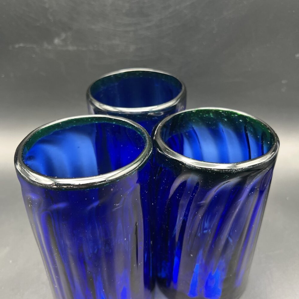 Set Of 3 Hand Blown Mexican Glasses Cobalt Blue Swirl Green Rim ~5" - Picture 14 of 14